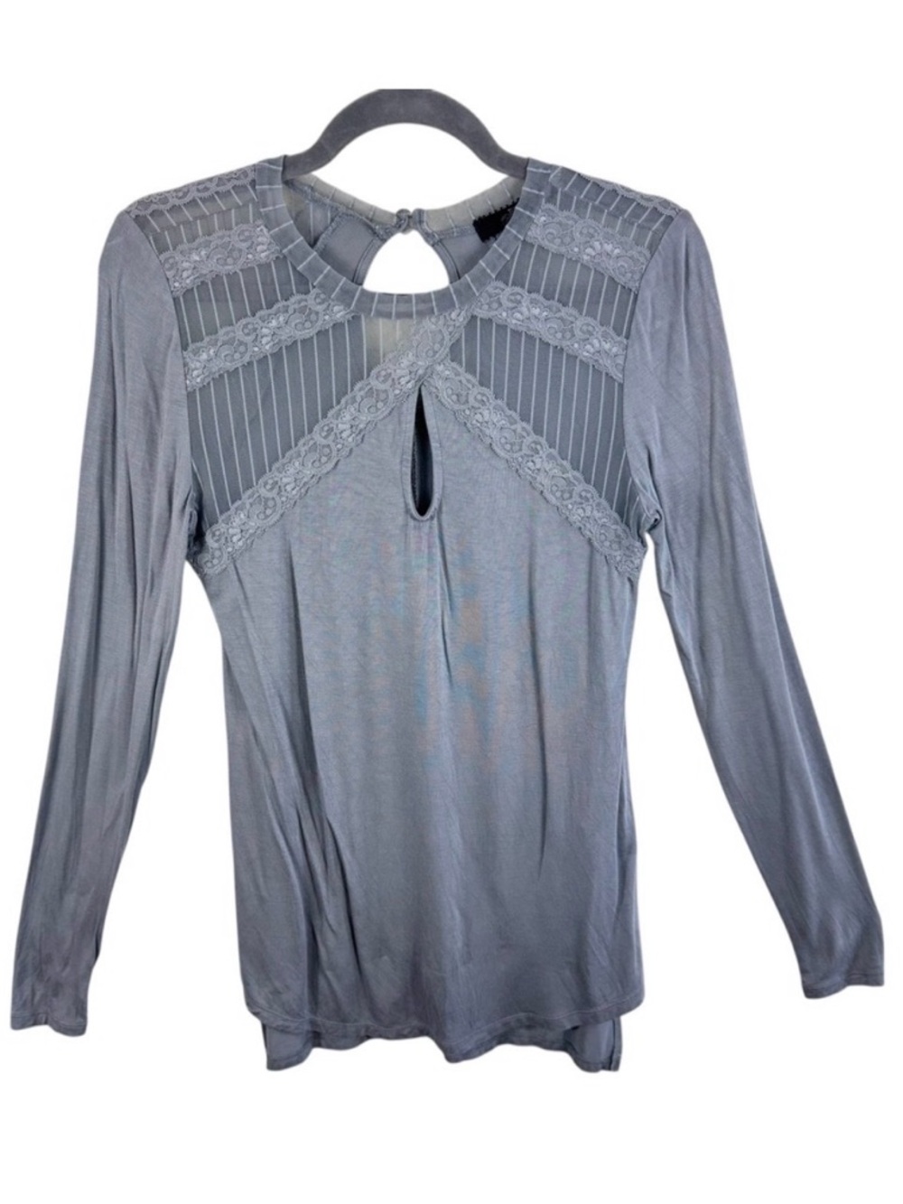 BKE Boutique Womens Gray Lace Detail Keyhole Long Sleeve‎ Blouse Top XS